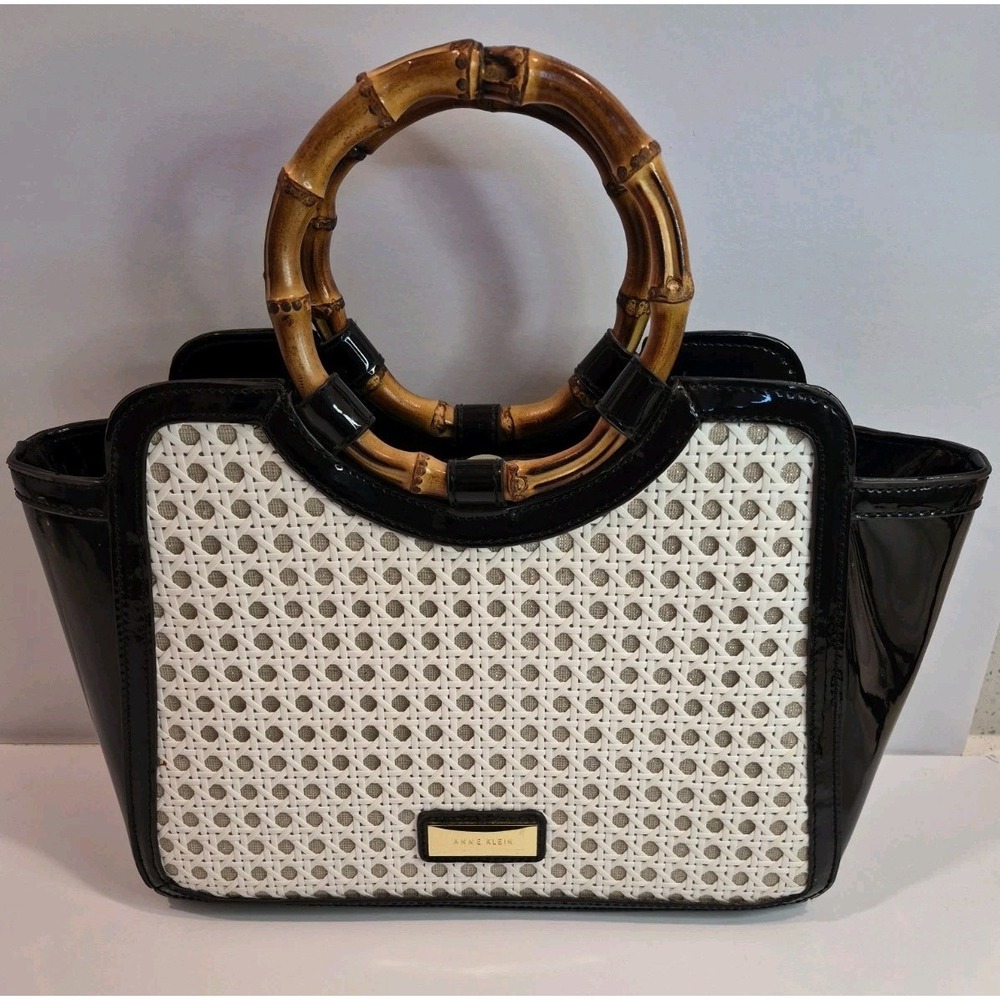 Anne Klein Black & White Bamboo Handle Handbag Purse Natural Resort Style Budget